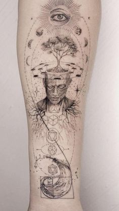 a person's leg with tattoos on it and an eye in the sky above them