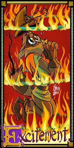 an image of a cartoon character with fire and flames in the background, that says excitement