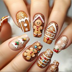 #gingerbread #christmas #winternails #brownnails #nail #nailart Ginger Bread Nails Christmas, Ginger Bread Nail Art, Ginger Bread Nails Design, Ginger Bread Nail Designs, Bread Nails, Gingerbread Nails, Nagel Tips, Holiday Nail, Nail Art Set