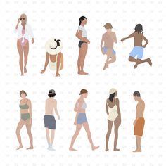 the silhouettes of people in bathing suits and swimsuits, from top to bottom