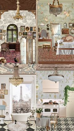 four different views of the same room in an old fashioned house with furniture and decor