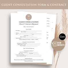 the client consulting form and contact card is shown in front of a white background with brown accents