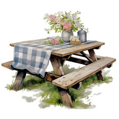 the picnic table is set with flowers and a checkered tablecloth on it,