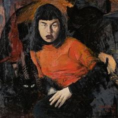 a painting of a woman sitting on a chair with an umbrella over her head and a cat behind her