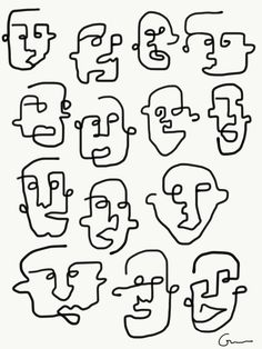 some faces drawn in black and white with different facial expressions on the same face, including one