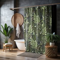 a bathroom with a bathtub, shower curtain and potted plants on the floor