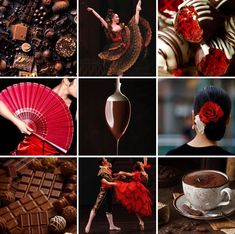 a collage of photos with chocolates, red flowers and a woman holding a fan