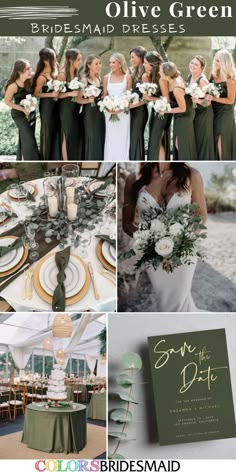 a collage of photos with green and white wedding colors, including the bridesmaid dresses