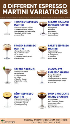 Espresso Martini Variations Different Cocktail Glasses, The Perfect Martini Guy Buffet, Different Espresso Martini, The Making Of The Perfect Martini, Espresso Liqueur Cocktails, Nespresso Espresso Martini Recipe, Espresso Martini Brownies, Espresso Martini Popsicle