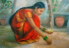 a painting of a woman writing on the ground