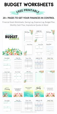 the printable budget worksheet is shown with flowers and watercolors on it