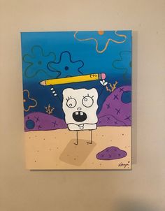 a painting of a cartoon character with a pencil in his mouth, on a wall