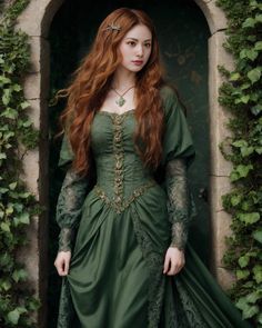 Green Medieval Dress Aesthetic, Medieval Dress Aesthetic, Green Medieval Dress, Dnd Clothes, Middle Aged Women Fashion, Ottoman Dress, Victorian Era Dresses, Medieval Clothes, Cute Asian Babies