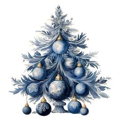 a blue christmas tree with ornaments hanging from it's sides and snowflakes on the top