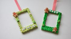 two small frames made out of plastic beads on a white surface, one is green and the other is red