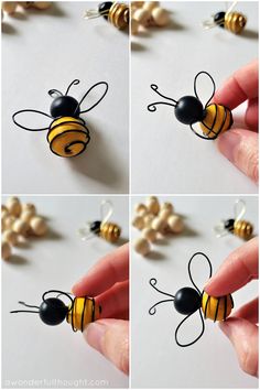 the process of making a wire bee ornament is shown in four different stages