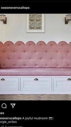 an image of a pink bench with drawers in the middle and text above it that says,