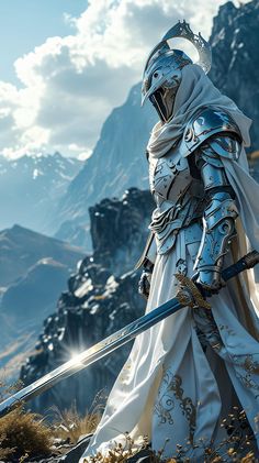 a man dressed in armor and holding two swords on top of a mountain with snow covered mountains behind him