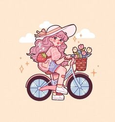 a girl riding a bike with flowers in the basket