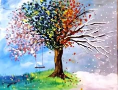 a painting of a tree with a swing hanging from it's trunk