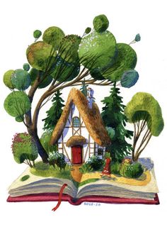 an open book with a house in the middle and trees around it, on top of a white background