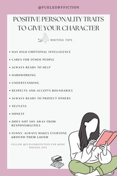 Looking to add depth and charm to your character? Explore these positive personality traits that will bring your character to life! From kindness to resilience, discover the traits that will make your character unforgettable #writing #writingadvice #writingtips #character #characterinspiration #fiction #fictionalcharacters #books #writer #writerscommunity #fyp #creativewriting #inspiration #ideas #personalitytraits #fanfiction Character Personality Prompts, Writing A Blind Character, Main Character Backstory Ideas, Questions To Ask About Your Character, Writing Teenage Characters, How To Develop Your Characters, Things To Add To Your Character, How To Write Characters Personality, Character Wants And Needs