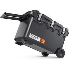 an image of a black case with wheels on the back for carrying items or equipment