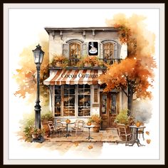 a watercolor painting of a coffee shop with autumn leaves on the windows and tables outside