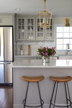 two stools are in front of the kitchen island