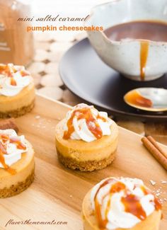 mini no bake pumpkin cheesecakes on a cutting board