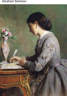 a painting of a woman writing at a desk with flowers in a vase behind her