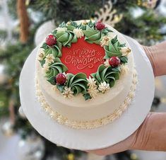 a hand holding a cake decorated with holly and berries