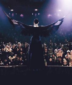 a man standing on top of a stage in front of an audience with his wings outstretched