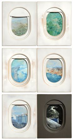 four pictures of the inside of an airplane's window with different scenes on them