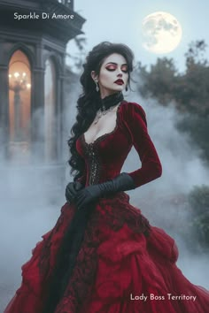 Step into the night with this stunning gothic vampire costume, perfect for your Halloween celebrations. Featuring a deep red velvet gown, black lace detailing, and a moonlit backdrop, this elegant look is ideal for those seeking a glamorous yet spooky Halloween vibe. Whether for a costume party or decor inspiration, this image is sure to captivate. #VampireCostume #GothicHalloween #HalloweenCostumeIdeas #SpookyVibes #GothicFashion #ElegantVampire Midevil Vampire Costumes, Female Vampire Cosplay, Halloween Romance Aesthetic, Gothic Halloween Costume Ideas, Vampire And Victim Costume, Vampire Womens Costume, Vampire Ball Aesthetic, Vampire Woman Costume, Womens Vampire Costume Diy