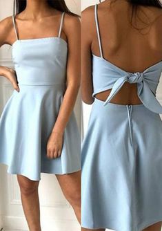 A-line Square Neckline Sleeveless Short/Mini Elastic Satin Homecoming Dress with Bowknot - Homecoming Dresses - Stacees Light Blue Homecoming Dresses, Graduation Pics, Professional Dress, Satin Homecoming Dress, Prom Dresses With Pockets, Princess Sleeves, Dress Bow