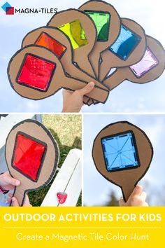 an outdoor activity for kids to create a magnetic tile color hunt