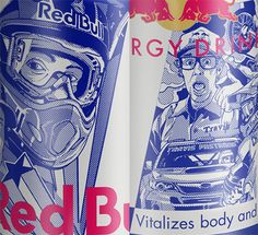 two cans of red bull energy drink, one in blue and the other in white