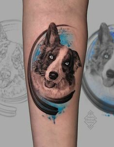 a dog's face in a circle on the left arm with blue watercolor paint