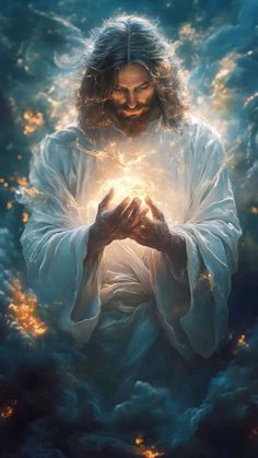 jesus in the clouds holding his hands together with light coming from behind him and shining bright