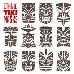 an image of tiki masks with the words ethnic masks written in red and white