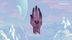 a purple hand reaching up into the sky with mountains and planets in the back ground