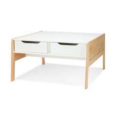 a white coffee table with two drawers on each side and one drawer at the top