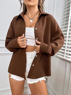 Coffee Brown Casual Collar Long Sleeve Polyester Plain Shirt Embellished Non-Stretch  Women Tops, Blouses & Tee Top Cafe, Outfit Mujer, Women Tops, Waffle Knit