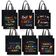 six black shopping bags with the words best teacher in all of their writing on them