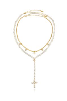 Pearl Cross Drop Lariat Necklace Set full Luxury White Gold Lariat Necklace With Brilliant Cut, Luxury Classic Diamond Lariat Necklace, Adjustable Gold Drop Necklace With Pearl, Gold Pearl Drop Necklace Adjustable, Adjustable Gold Lariat Necklace With Pearl Charm, Adjustable Double Strand Gold Pearl Necklace, Adjustable Gold Lariat Necklace With Pearl Pendant, Gold Dangle Pearl Necklace With Adjustable Chain, Gold Pearl Dangle Necklace With Adjustable Chain