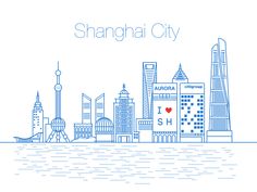 the shanghai city skyline is shown in blue and white, with red hearts on it