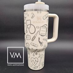 a white travel mug with various items on it