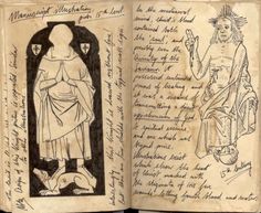 an old book with drawings and writing on the pages is open to show a drawing of jesus