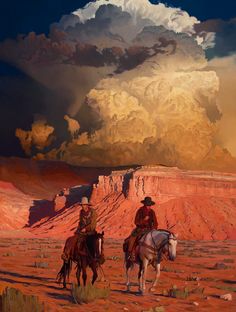 two men riding horses in the desert under a cloudy sky